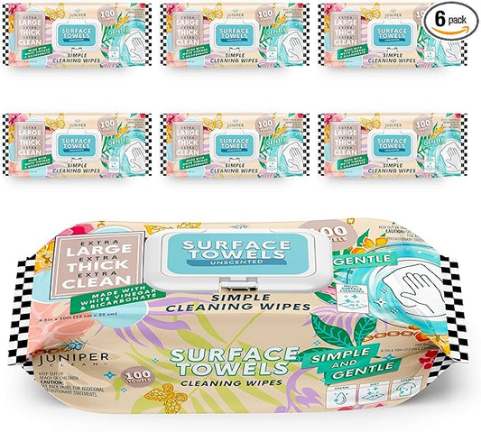 Juniper CLEAN 6 Packs Surface Cleaning Wipes Bleach Free, Thick & Large Dispose, All-Purpose Cleaner for Bathroom, Kitchen, Office, 600 Count Soft Flow, Biodegradable, No Scent