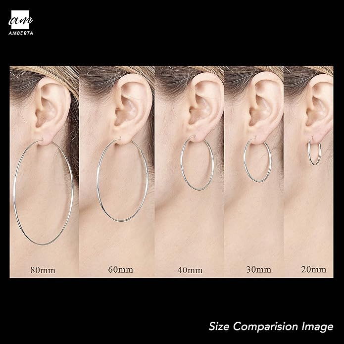 Amberta® 925 Sterling Silver Fine Circle Endless Hoops - Polished Round Sleeper Earrings Diameter Size: 20 30 40 60 75 mm