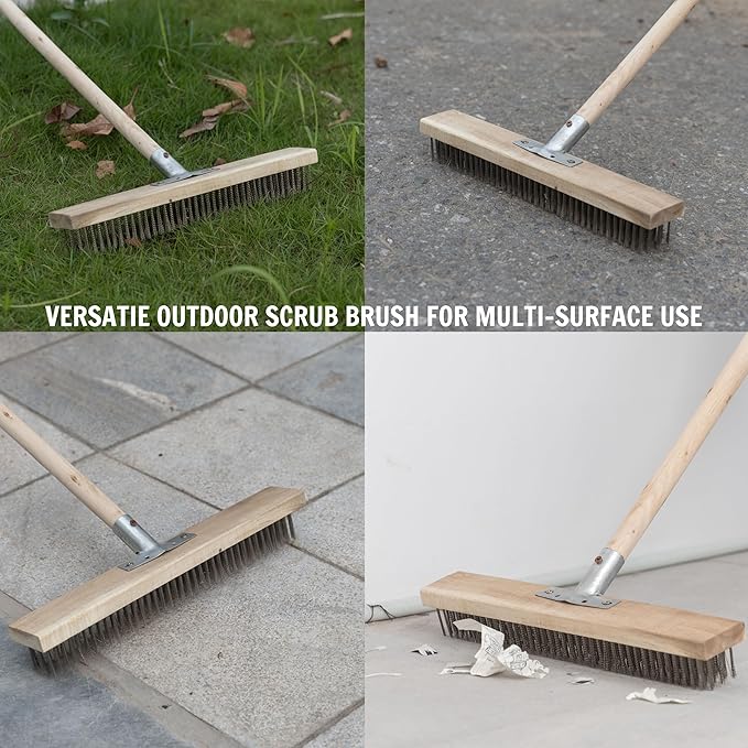 Stainless Steel Deck Scrub Brush Broom with Long Handle -Scrubber Brush with Pole, Stiff Metal Bristle Brush for Removing Weed Moss Outdoor Floor Scrub Brush for Patio, Deck, Garden