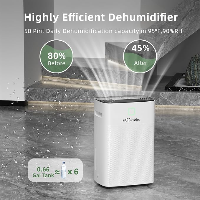 Hogarlabs 50 Pint Dehumidifier for Basement & Whole House, Covers 3500 Sq.Ft, with Drain Hose & Auto Humidity Control, Quiet for Bedroom, Bathroom, Garage, Large Room Dehumidifier.