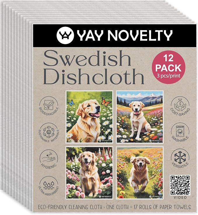Swedish Dishcloths - 12 Pack | Made in Germany | Ultra-Absorbent, Reusable Cellulose Sponge Cloths for Kitchen | No-Odor, Eco-Friendly Cleaning Wipes | Water-Based Ink | Golden Retriever