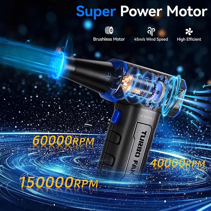 Electric Compressed Air Duster with LED Light-150000 RPM High-Speed Rechargeable Air Blower for Cleaning Keyboards,PC,Cars,3-Gear Adjustable Dust Blower Cordless, Alternative to Canned Air