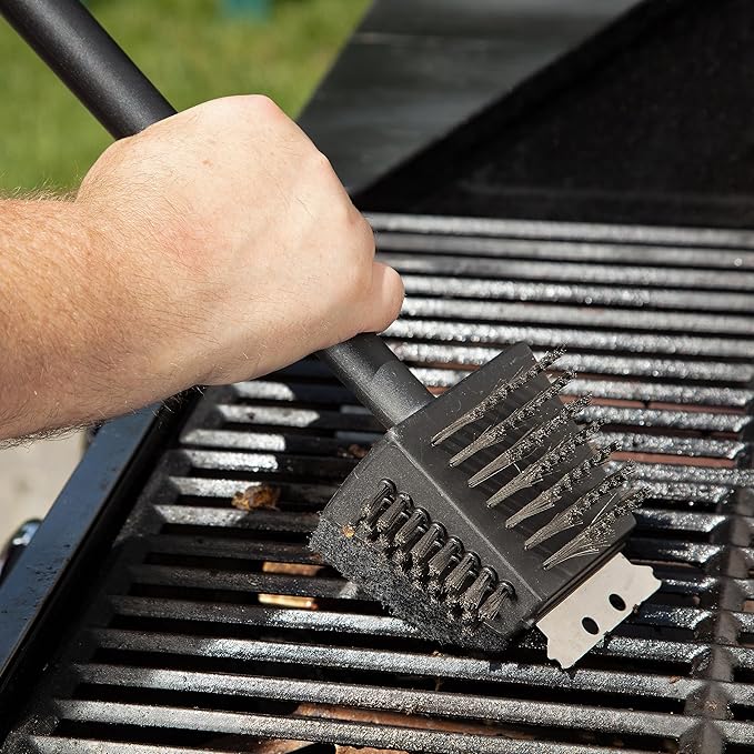 Cuisinart CCB-4125 4-in-1 Grill Cleaning Brush with Stainless Steel Wire Bristles - Scour Pad - Grill Scraper - 13" Handle Length