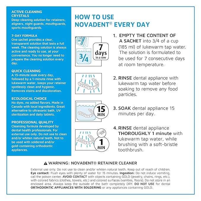 Novadent Retainer Cleaner – For Aligner, Night Guard, Mouthguard, Sports Guard - 84-Day (12 sachets)
