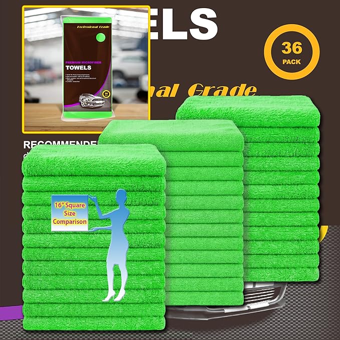 Blue Horizon Large Microfiber Cleaning Towels, 36-Pack Wash Cloths, Ultra Soft Plush Microfiber Cleaning Cloth, Products (Green, 16" X 16")