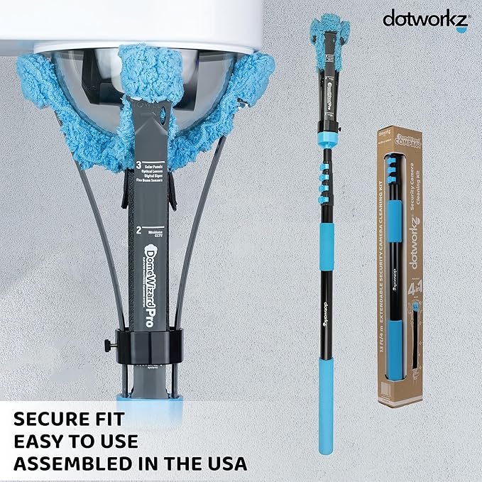 DomeWizard™ Compact Security Camera Cleaning Kit with Pole – Streak-Free Lens Cleaner for Dome, PTZ, Mini Dome & Bullet Cameras – Reusable Microfiber Mitt + 8oz Cleaning Solution
