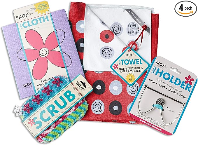Skoy Cleaning Bundle - Cloth, Scrub, Red Towel and Sink Holder – Environmentally Friendly, Kitchen & Household Use, Plastic-Free Packaging, Great Gift Idea!