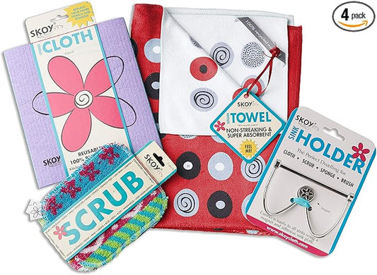 Skoy Cleaning Bundle - Cloth, Scrub, Red Towel and Sink Holder – Environmentally Friendly, Kitchen & Household Use, Plastic-Free Packaging, Great Gift Idea!