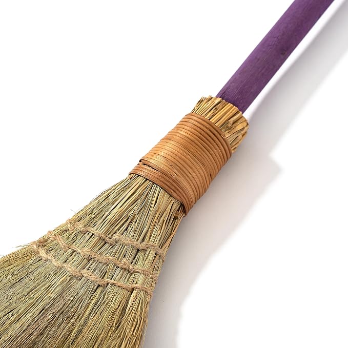 Vietnamese Straw Soft Broom - Sweeping Broom with Purple Wooden Handle for Cleaning, Decoration, Wedding with 45.28inch Length