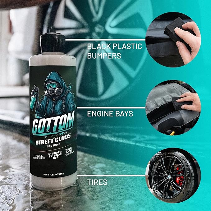 Gottom Tire & Trim Shine – 16oz, Scented Boosted Colada - Ultra High Gloss for Plastic Trim & Wheels – Water-Based Dressing – Car Tire Cleaner & Dressing – Car Detailing Supplies