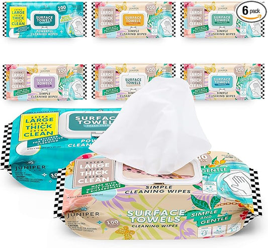 Juniper CLEAN 6 Packs Surface Cleaning Wipes, Thick & Large Dispose, All-Purpose Cleaner for Bathroom, Kitchen, Office, 100 Count Soft Flow, Biodegradable, Mix Scent