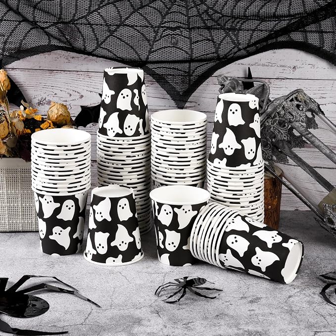 AimFun 100Pcs Halloween Ghost Paper Cups Ghost Spooky Party Cups Black White Boo 9oz Disposable Cold Hot Coffee Drinking Cups for Halloween Party Supplies Table Decor
