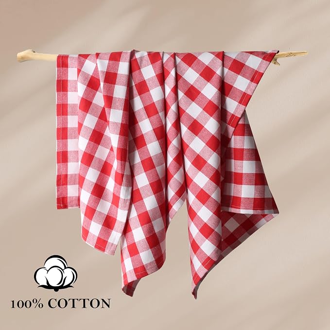 4 Pack Gingham Buffalo Check Kitchen Dish Towels 100% Cotton 16x26 Inches - Super Absorbent Quick Drying Hand Tea Towels, Restaurant Cleaning Towels with Hanging Loop, Red White