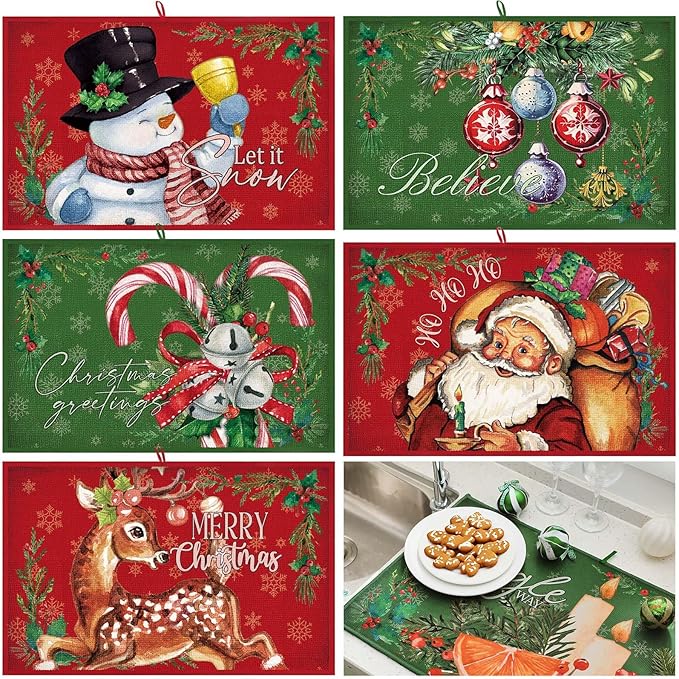 Meanplan Set of 6 Christmas Dish Drying Mats Absorbent Xmas Kitchen Accessories Santa Snowman Rectangle Table Mats Washable Drainer Draining Pad for Kitchen Countertop Tableware Decor 24"x 16"