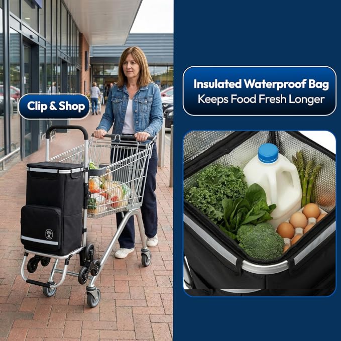 Foldable Stair Climbing Shopping Cart with Wheels – 3-in-1 Grocery Trolley, Backpack & Hand Truck – Lightweight Aluminum Frame, Waterproof Insulated Bag, Side Pockets – Cart for Groceries & Laundry