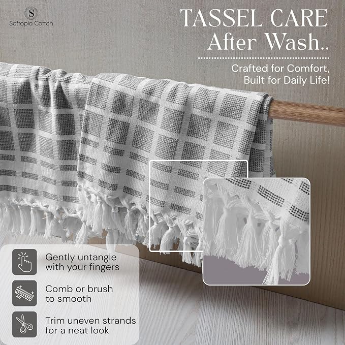 Matrix Dobby Kitchen Dish Towels Set of 12, 100% Cotton, 16x26 Inches, Reusable Dishcloths with Handmade Knotted Tassels, Absorbent, Washable Towels for Cleaning - Dark Gray, White