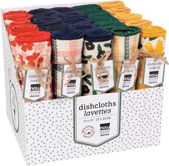Now Designs Full Bloom Dishcloth Counter Display - Set of 25 Assorted, 100% Cotton, Floral Mix, CDU Dimensions L7.5 x D6.5 x H6.75in