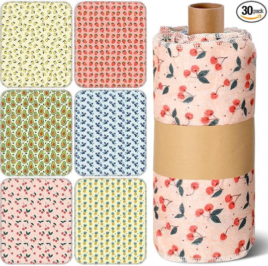 Redbaker 30 Pcs Reusable Paper Towels Rolls Kitchen Towels Bulk Washable Paperless Cloth Cotton Hand Napkins with Cardboard Reusable Napkins for Kitchen Bathroom (Fruit Style)