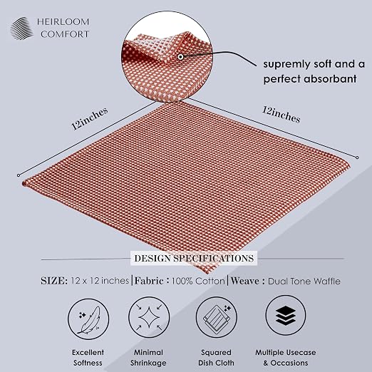 12 Pack Dual Tone Reversible Waffle Weave Dish Cloth, 12x12 Inch, 100% Cotton, Absorbent Dishcloth Set, Quick Drying, Durable for Cleaning, Wiping, Machine Washable, Rust