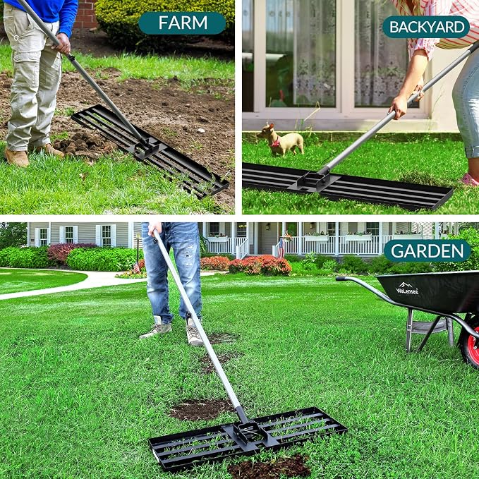 Walensee Large Lawn Leveling Rake, 45"x10" Heavy Duty Lawn Leveler Tool with 7FT Steel Handle, Levelawn Landscape Rake for Topdressing, Soil, Sand, Dirt, Large Yard, Garden, Golf Course