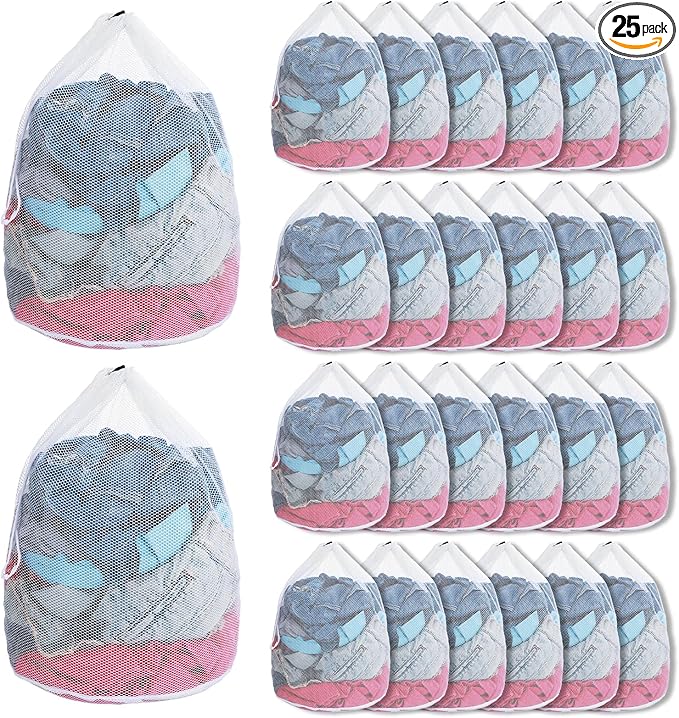 25 Pack Mesh Laundry Drawstring Bags, 20" x 24" Washing Machine Wash Bag Heavy Duty Washable Large Net Laundry Bag for Travel, College, Dorm, Apartment, Camping, Laundromat(White)