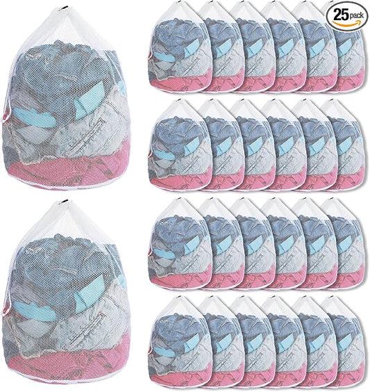 25 Pack Mesh Laundry Drawstring Bags, 20" x 24" Washing Machine Wash Bag Heavy Duty Washable Large Net Laundry Bag for Travel, College, Dorm, Apartment, Camping, Laundromat(White)