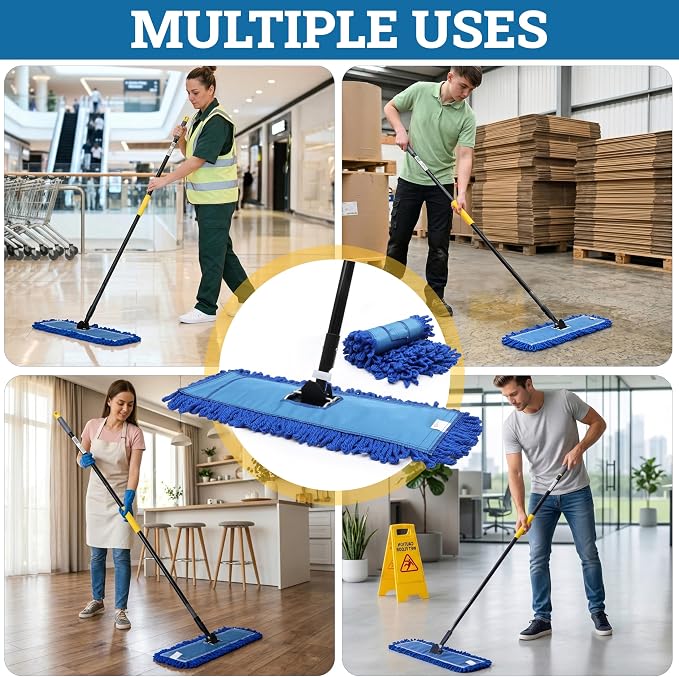 KLEEN HANDLER 18" Microfiber Dust Mop with Frame and 61" Extendable Clip-On Handle (2 Mop Heads, 1 Frame, 1 Handle), Commercial Dust Mop Kit for Floor Cleaning