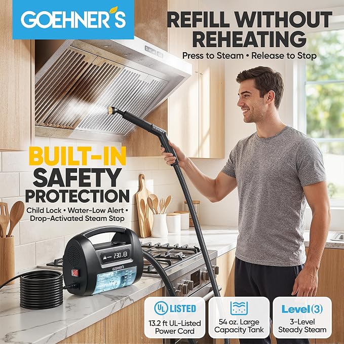 2026 Upgraded Handheld Steam Cleaner, 230°F/3.5 Bar High-Pressure Portable Hand Held Steamer for Home & Car, 30s Heat-Up, Chemical-Free Deep Cleaning for Kitchen, Bathroom, Grout (Black)