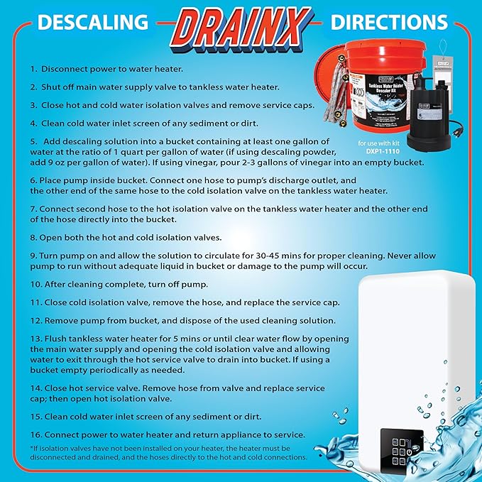 DrainX Tankless Water Heater Descaling Flush Kit - 3.5 Gallon Bucket, Heavy Duty 1/6 HP Pump, Steel Hoses, Maintenance Card, Instructions - Just add Vinegar or Descaler!