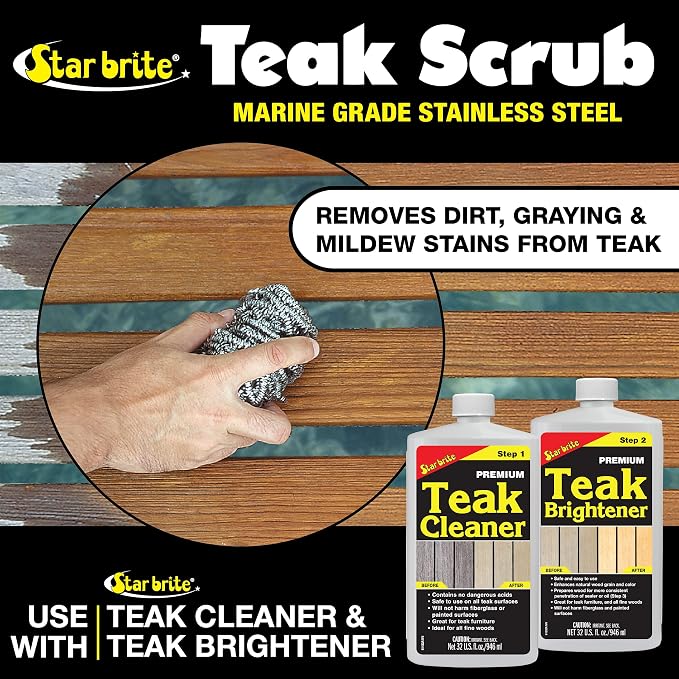 STAR BRITE Premium Golden Teak Oil - Sealer, Preserver & Finish for Outdoor Teak & Other Fine Woods - Step 3-16 OZ (085116PW) & Stainless Steel Teak Scrub - Refinish Wood Furniture & Teak (088450)