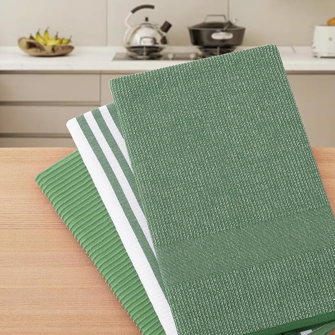 Homaxy Premium Kitchen Towels(18”x 28”, 3 Pack), Large Cotton 380 GSM Kitchen Hand Towels, Soft and Absorbent Terry Dish Towels, Multipurpose Tea Towel Set with Hanging Loop, Grass Green