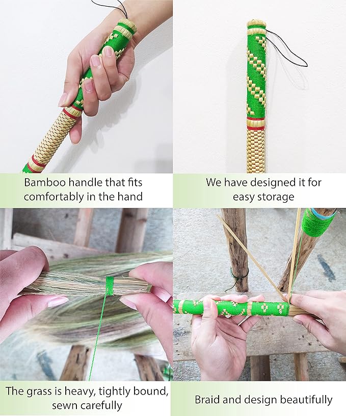 Natural Grass Broom Thai 100% ,Long Handle,Brooms for Floor Cleaning,Design for Home, Kitchen, Office, Courtyard, Tiled Floor ( Length 40 inch )