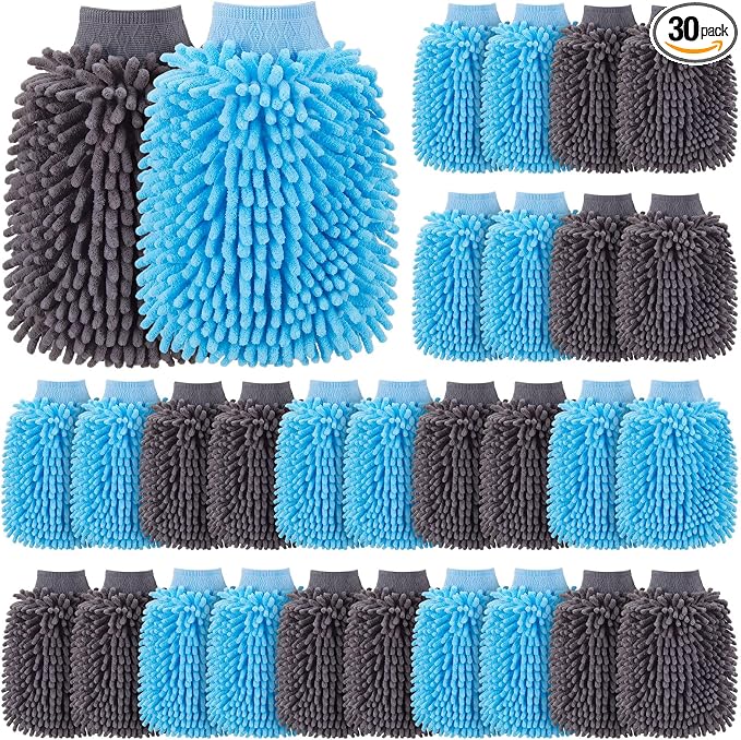 Patelai 30 Pcs Car Wash Mitts Bulk Microfiber Scratch Free Detailing Chenille Car Washing Gloves Hand Double Sided Absorbent Cars Sponge for Washing Cleaning Trucks Boats, 9.45 x 5.9 Inch(Grey,Blue)
