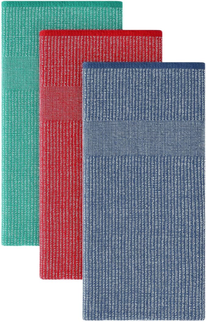 Homaxy Premium Kitchen Towels(18”x 28”, 3 Pack), Large Cotton Kitchen Hand Towels, Flat and Terry Dish Towels, 380 GSM Highly Absorbent Tea Towel Set with Hanging Loop, Navy Blue/Red/Green