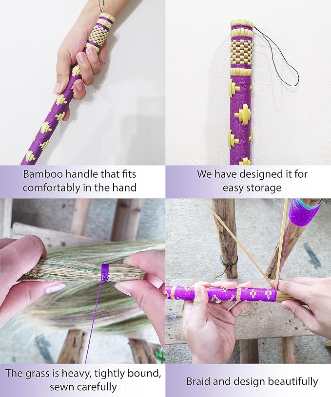 Asian Broom Whisk Broom Thai Natural Grass Broom Solid Wood Handle,Witch Broom, Broom for Floor Cleaning,House, Kitchen, Office (Purple) 40 Inch Asian Straw Broom for Wedding Jumping