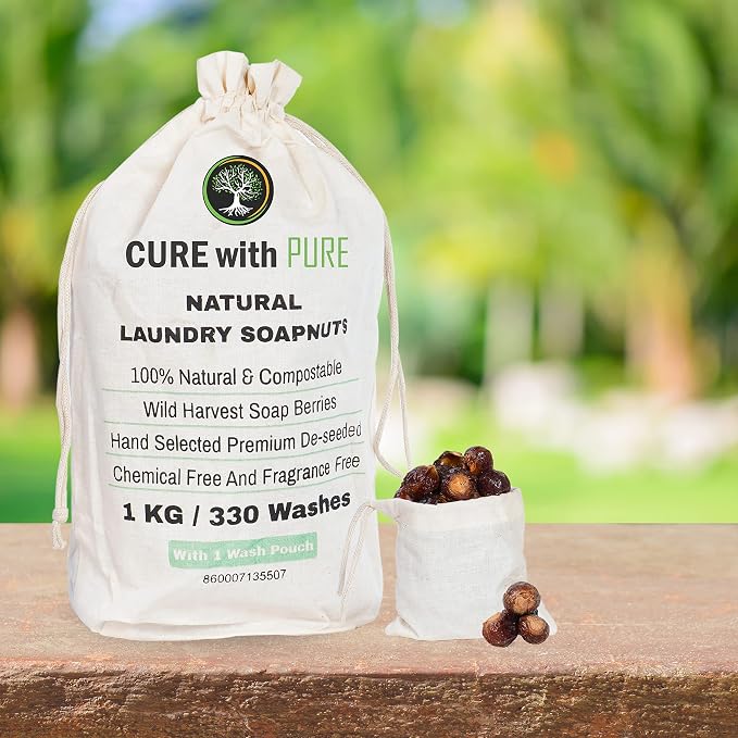 Cure With Pure Organic Soap Nuts Deseeded 1kg/2.2Lb With 1 Wash Bag Approx 330 Loads,Eco-friendly Soap Nuts Laundry Detergent,Chemical & Fragrance-free Organic Soap Berries Non-toxic Laundry Detergent
