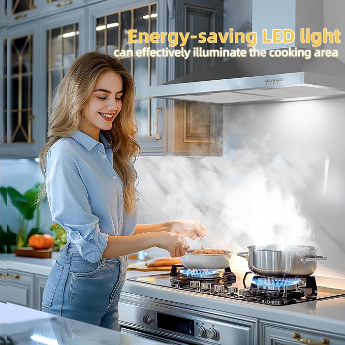 FIREGAS Range Hood 30 inch Wall Mount Type with Ducted/Ductless Convertible, 450 CFM Stainless Steel Chimney-Style Kitchen Hood, Over Stove Vent Hood with 3 Speed Fan, LED Light, Charcoal Filters