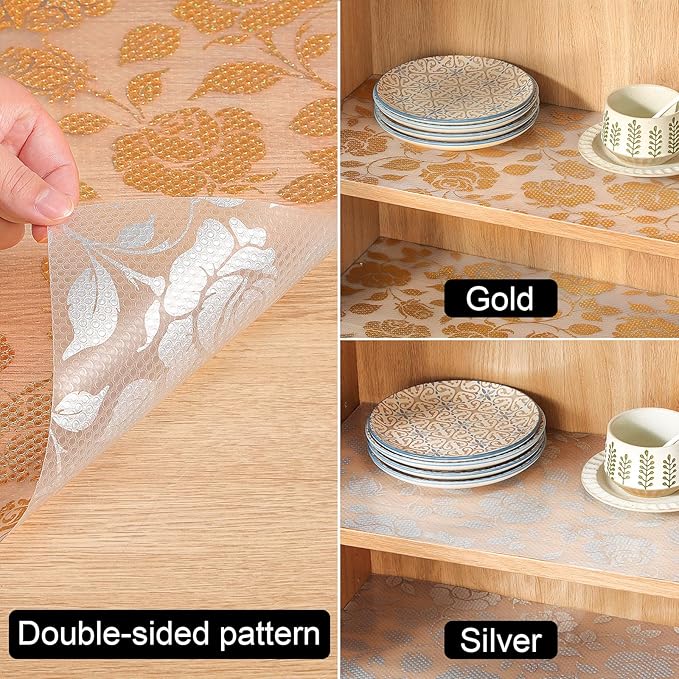 INNOLITES Shelf Liner for Cabinets, Non-Adhesive for Kitchen Drawer Liner, Waterproof Shelf Paper with Floral Pattern, Durable Easy to Clean (Golden Rose, 17.5" x 78.7")