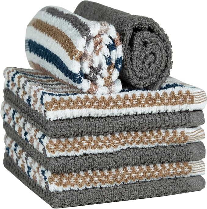 Bumble Premium Dish Cloths Towel 12"x12" | 100% Natural Ring Spun Cotton Tea Towel Set | 430 GSM | Highly Absorbent & Soft Dish Towels | 8 Pack - 4 Popcorn Wide Striped & 4 Solid Kitchen Towels - Gray