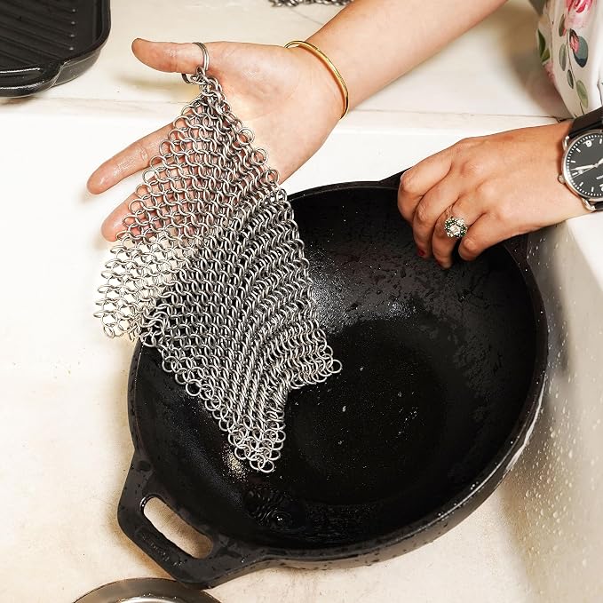 Mythrojan Cast Iron Scrubber Premium 316L Stainless Steel Skillet Cleaner 5 Pack Cast Iron Chaimail Scrubber for Pan, Hard Anodized Cookware, Dutch Oven BBQ Grill, Wok, Cooking Pot