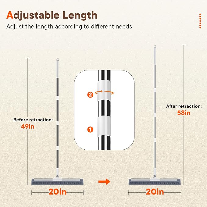 Floor Squeegee Broom with Rubber Scrubbing Teeth, 2-in-1 Magic Broom with 58 Inch Telescopic Handle, Wide Shower Floor Squeegee for Bathroom, Garage, Kitchen, Tile, Concrete, Pet Hair and Water
