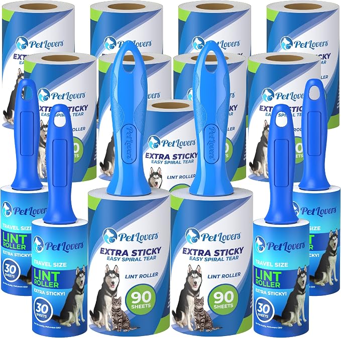 PetLovers Extra Sticky Lint Rollers Ultra Value Set 1110 Sheets, 9 Refills and 4 Travel Size Mini Rollers for Pet Hair, Dog and Cat Lint Removers