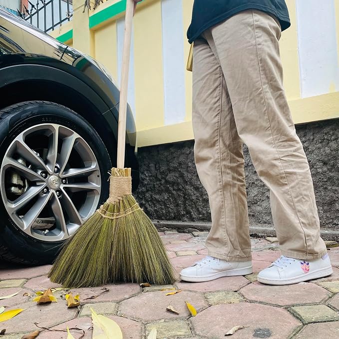 Handmade Whisk Sweeping Broom - Vietnamese Straw Soft Brooms - Large Long Broom with Wooden Handle - Brooms Decorative - 46.46 inch Length