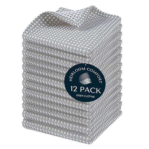 12 Pack Dual Reversible Waffle Weave Dish Cloth, 12x12 Inch, 100% Cotton, Absorbent Dishcloth Set, Quick Dry, Soft for Cleaning, Wiping, Hand Towels, Dish Rags, Durable, Ash Grey