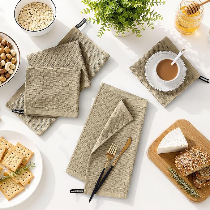 Homaxy 100% Cotton Terry Kitchen Dish Cloths, Ultra Soft Absorbent Dish Towels with Hanging Loop, Pineapple Grid Designed, 12 x 12 Inches, 12-Pack, Tan