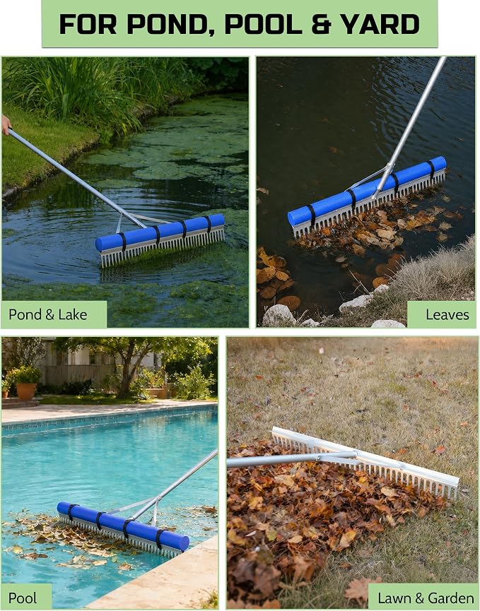 Pond Rake, 36" Floating Rake with 8.5ft (102in) Extension Handle & 20ft Rope, Aluminum Aquatic Weed Rake for Lake, Landscape Rake for Algae, Muck & Debris Removal, 2-in-1 Water & Land Tool Blue