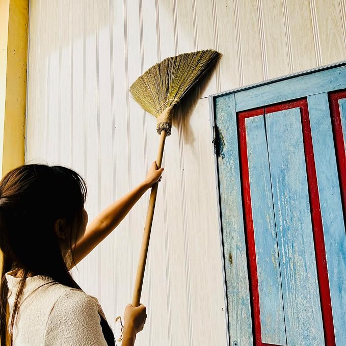 Handmade Whisk Sweeping Broom - Vietnamese Straw Soft Brooms - Large Long Broom with Wooden Handle - Brooms Decorative - 46.46 inch Length