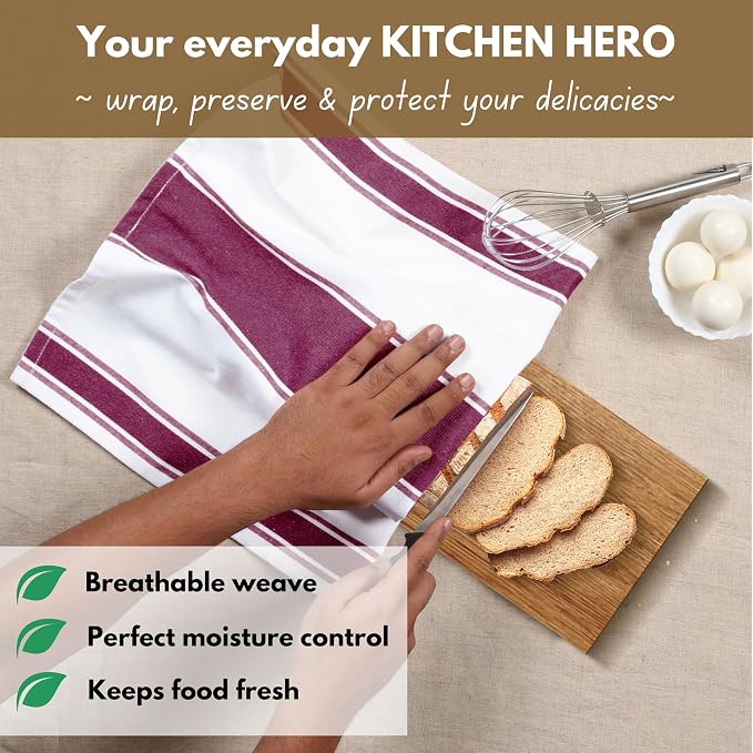 Native Fab Farmhouse Kitchen Towels 18"x28", 12 Pack, Wide Stripe, Super Absorbent, Quick Dry, 100% Cotton Towels for Hand, Dishes Drying, Cleaning Dishcloth Set with Hanging Loop - Burgundy (Maroon)
