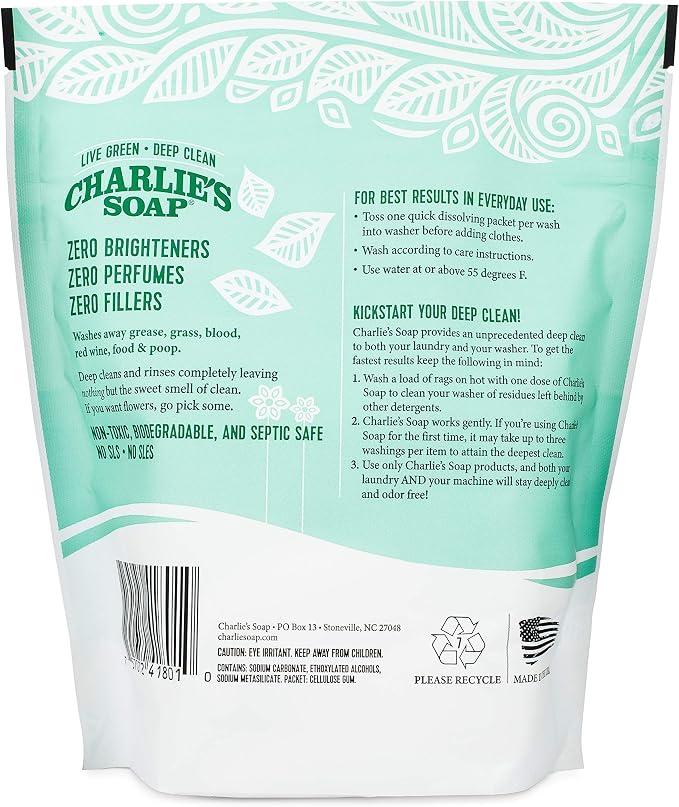 Charlie's Soap - Fragrance Free Laundry Packets - 30 Count (Three 30-count Bags, 90 Total Loads)