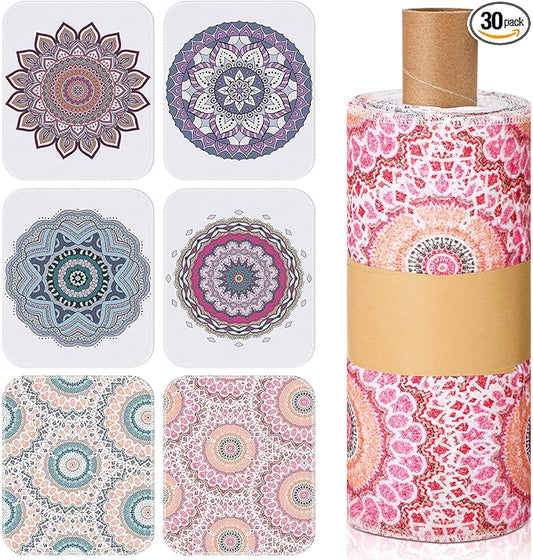 Redbaker 30 Pcs Reusable Paper Towels Rolls Kitchen Towels Bulk Washable Paperless Cloth Cotton Hand Napkins with Cardboard Reusable Napkins for Kitchen Bathroom (Mandala)